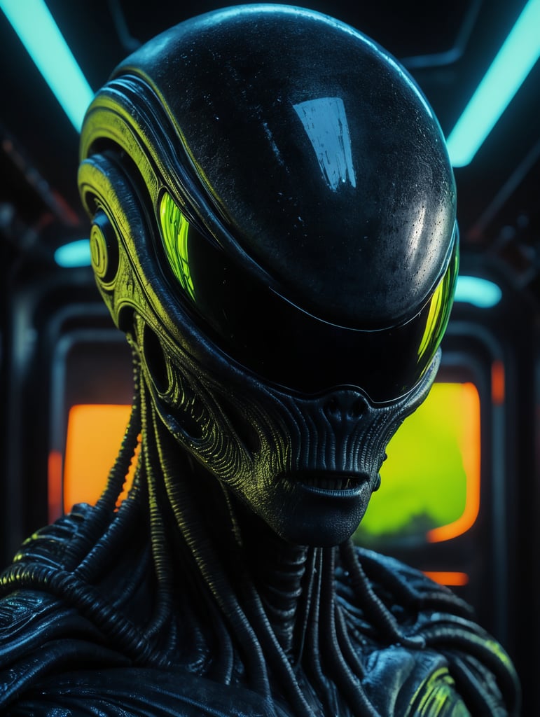 Alien camping trailer made of black alien liquid, translucent with neon lights, liquid dripping from the trailer, dark atmosphere