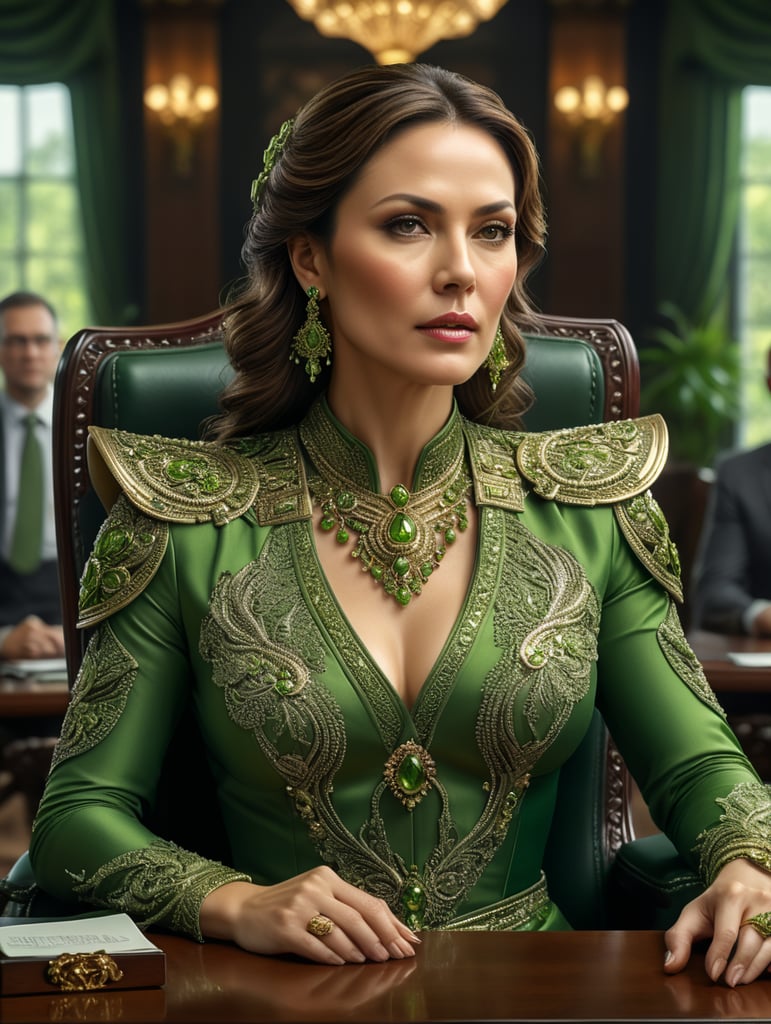 An elegant yet tough and bossy woman in her mid forties sat at a very long meeting table in a sleek green dress.