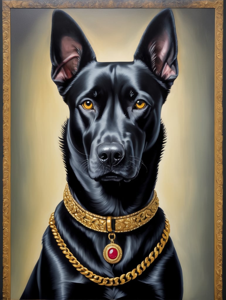 a angry black dog with a gold chain on neck, style of Catherine Nolin, Painting, Acrylic, Oil, Portrait, Interior, USA