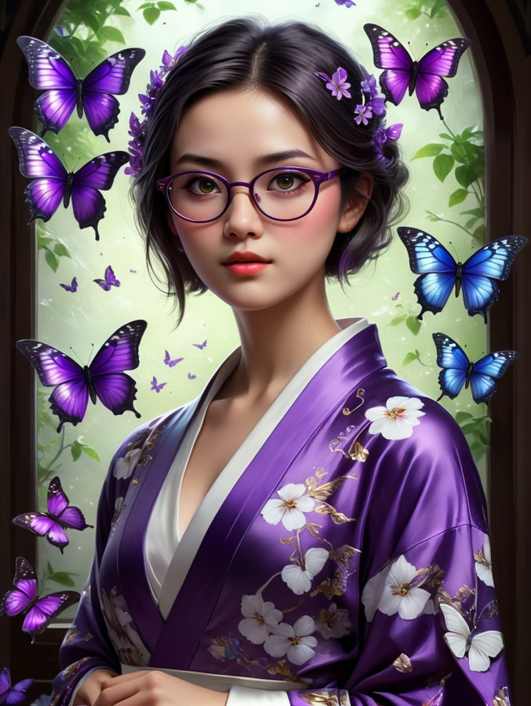 Create a Pixar animation style image of a girl with short dark hair, dark eyes and glasses, her skin is white, she wears a purple and white kimono with purple butterflies