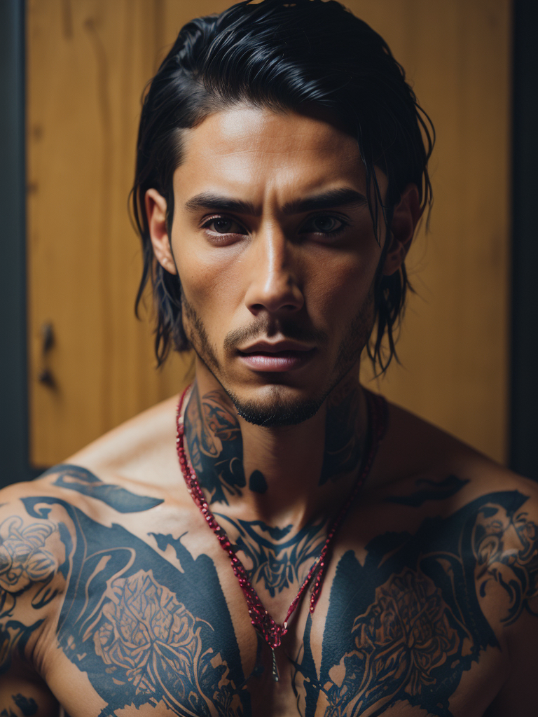 Portrait of a handsome indigenous male gang member, tattoo of a red bear on his chest, bright and saturated colors, elegant, highly detailed, vogue, fashion magazine, sharp focus, bright expressive makeup, dramatic lighting, depth of field, incredibly high detailed, blurred background'