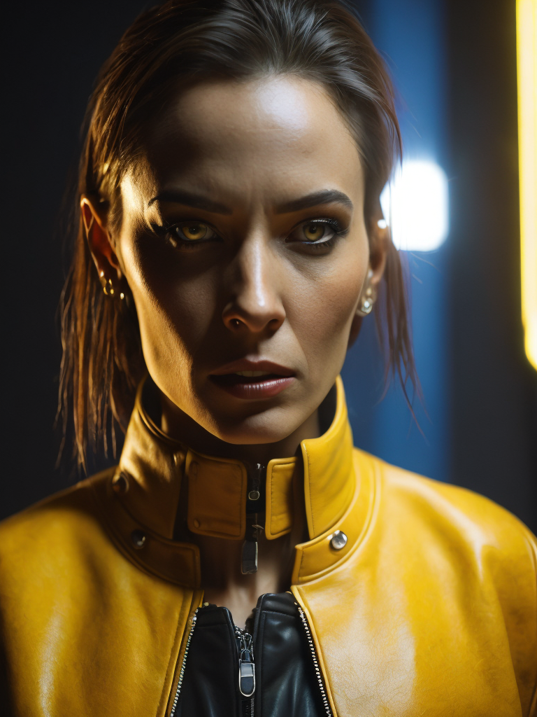 cinematic shot, a women looks on the camera, wearing yellow leather jacket, yellow lighting right side reflecting on her face, weak blue lighting left side reflecting on her face, canon 50 lens, focus on the face everything else is in blur, the blade runner scene.
