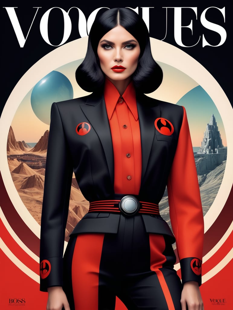 female and male fashion models 70's fashion portrait cover magazine "vogue" luxury vintage retro future sharp theme color wes anderson style Portrait of a woman with black hair, style of star wars giorgio armani suit hugo boss style, black red black sun symbol