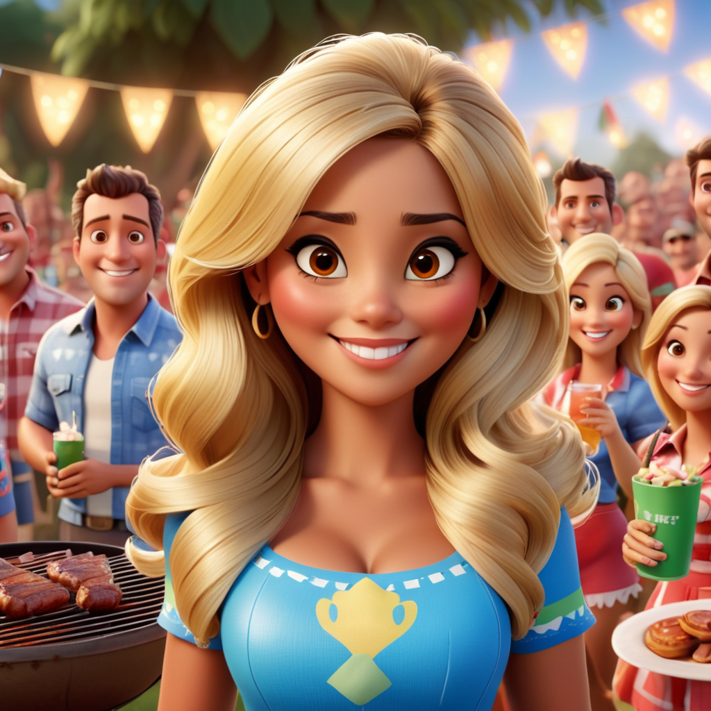 Disney Pixar style,Camila, brazilian, 35 years old blond hair,brown eyes in a poll party with barbecue, cheers with friends and a country duo playing song