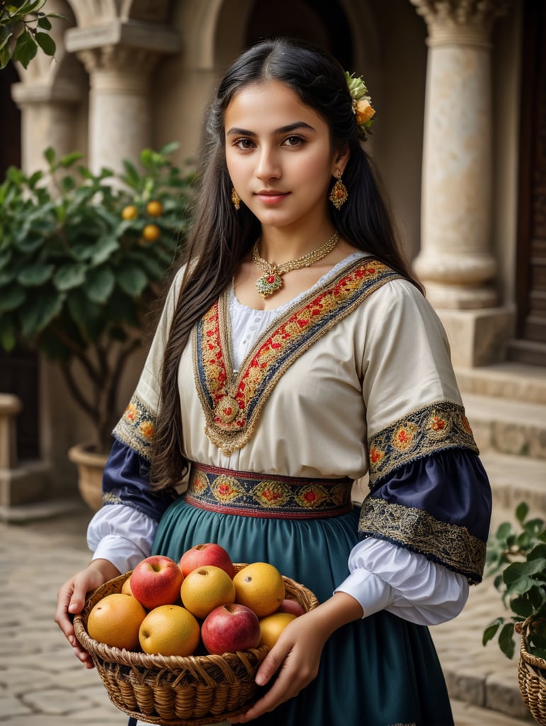 Azerbaijani girl in national dress of the 18th century holding a fruit basket. The girl has black hair.