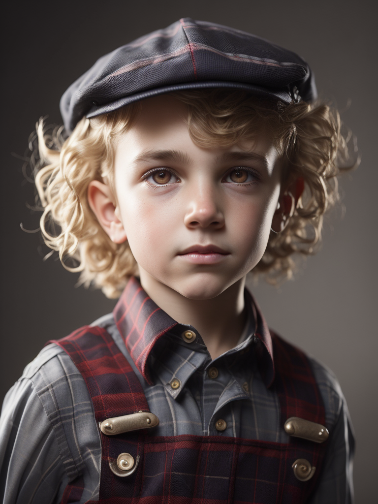 Young boy wearing a newsboys flat cap, curly blonde hair, deep amber eyes, overalls, red and white plaid button up shirt, hyper realistic, photorealism,