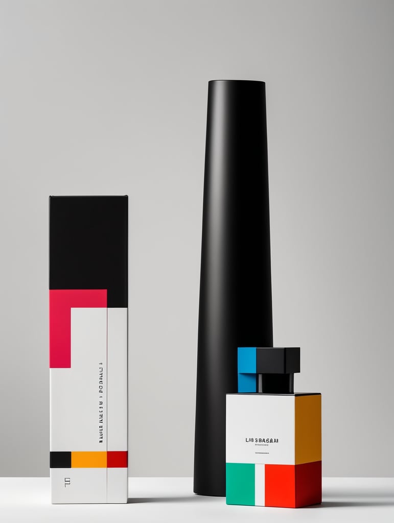 Botella de perfume luxury muy alta y esbelta con packaging minimalista contemporáneo color negro con colores vibrantes y etiquetas con diseño gráfico minimalistas inspirados en la obra arquitectónica de Luis Barragán