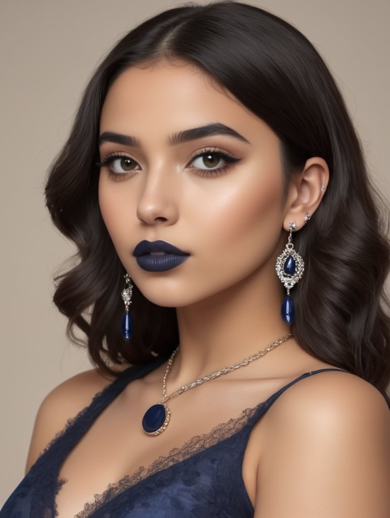 Busty Syrian teen in darkest blue lipstick, earings