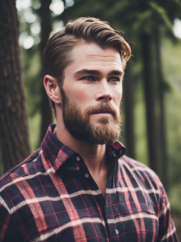 Portrait of Chris Hemsworth as a Canadian lumberjack, with a large beard and a plaid shirt, against the backdrop of a dense forest, bright saturated colors, Contrasting cinematic light