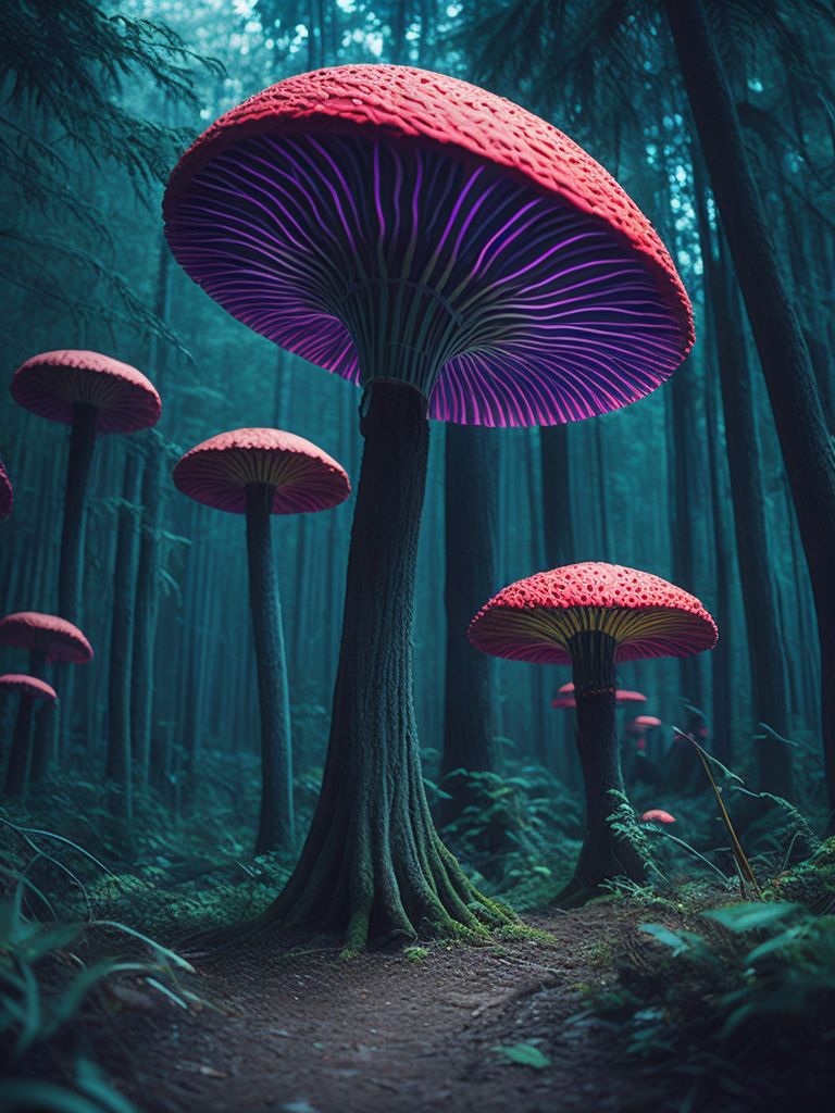 nature, high resolution, very detailed, crowded aliens, weird plants , unrealistic trees, trippy, big colored mushrooms, hallucination, bright colors, surrealism