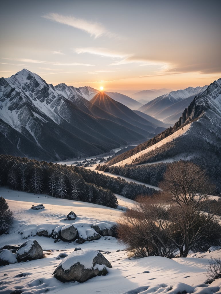 Sunrise in snowy mountains