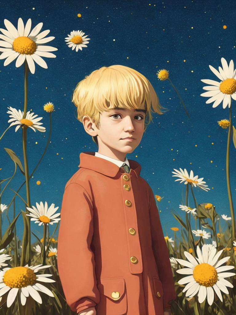 a cartoon boy, in the style of light gold and pink, , studyblr, fanciful costume design, grainy, kawaii, francis davis millet, a stamp with a big field of daisies on it, in the style of lo-fi aesthetics, realistic scenery, realistic blue skies, minimalist landscapes, framing, flickr, y2k aesthetic