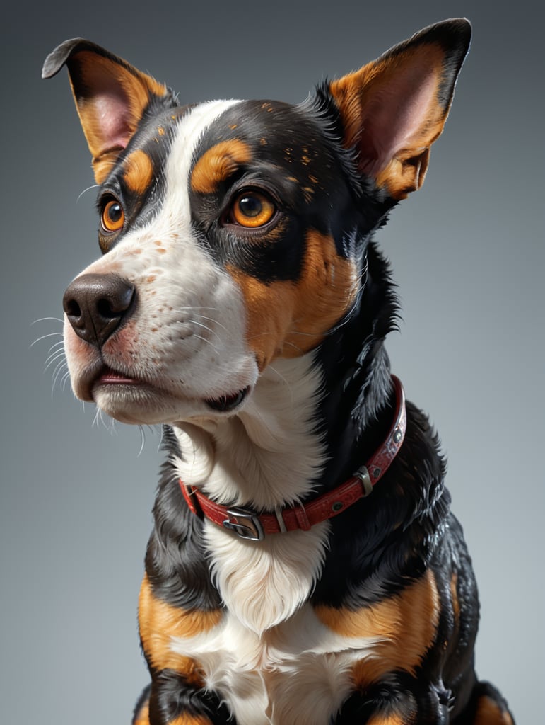 una version diferente de perro en estilo realista con un toque de 3d. amistoso en fonfo blanco y diferente especie, cute dog