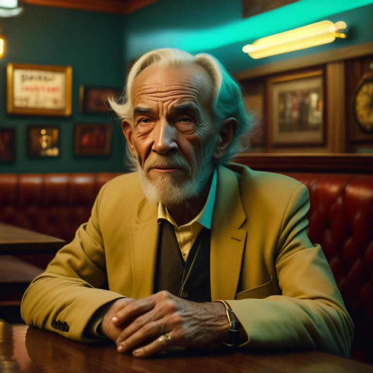 elderly man sitting at a table in a bar