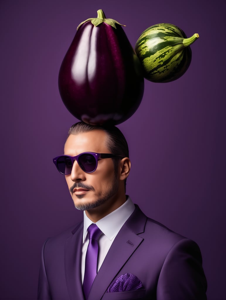 A man in a business suit with a eggplant for a head, dark purple background, sunglasses, isolated, style of Edward Burne-Jones