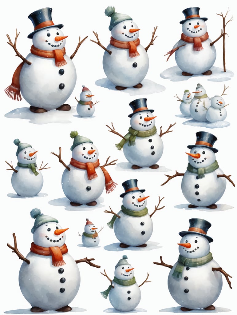Snowman, different angles and expressions, full body only character sheets, multiple poses, white background, whimsical watercolor