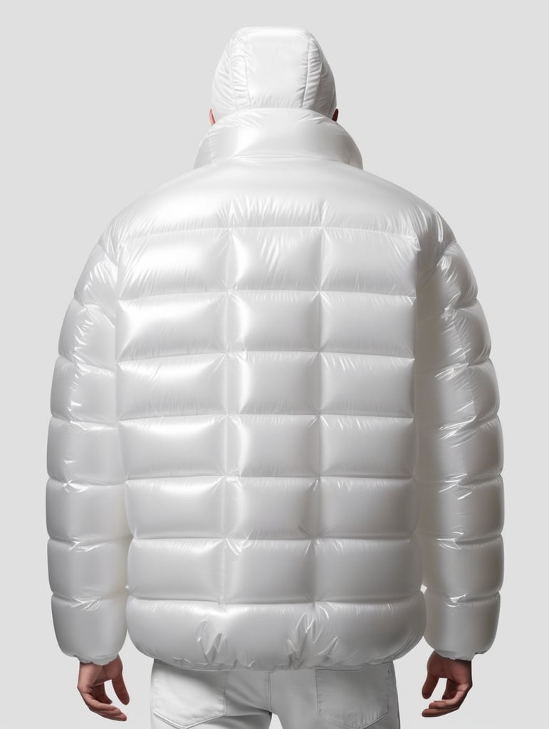 Inflatable white minimalist man's puffer jacket, back view, transparent, isolated, grey background, mockup