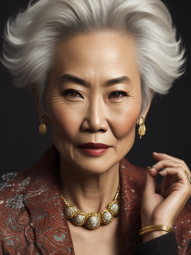 A 50yr old Chinese supermodel with classic Chanel make-up and beautifully styled volume hair, beautiful pores and skin texture, detailed high resolution image, grey hair, Dior makeup, award winning fashion editorial image, soft lighting, gentle expression, she is content with her age