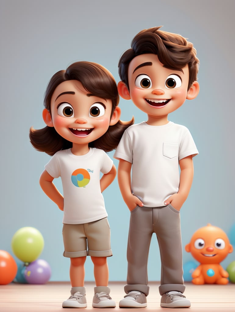 a Little boy and girl wearing white t-shirts, standing in front of ping background, blank shirts no print, 3 years old smiling toddlers, photo for apparel mock-up