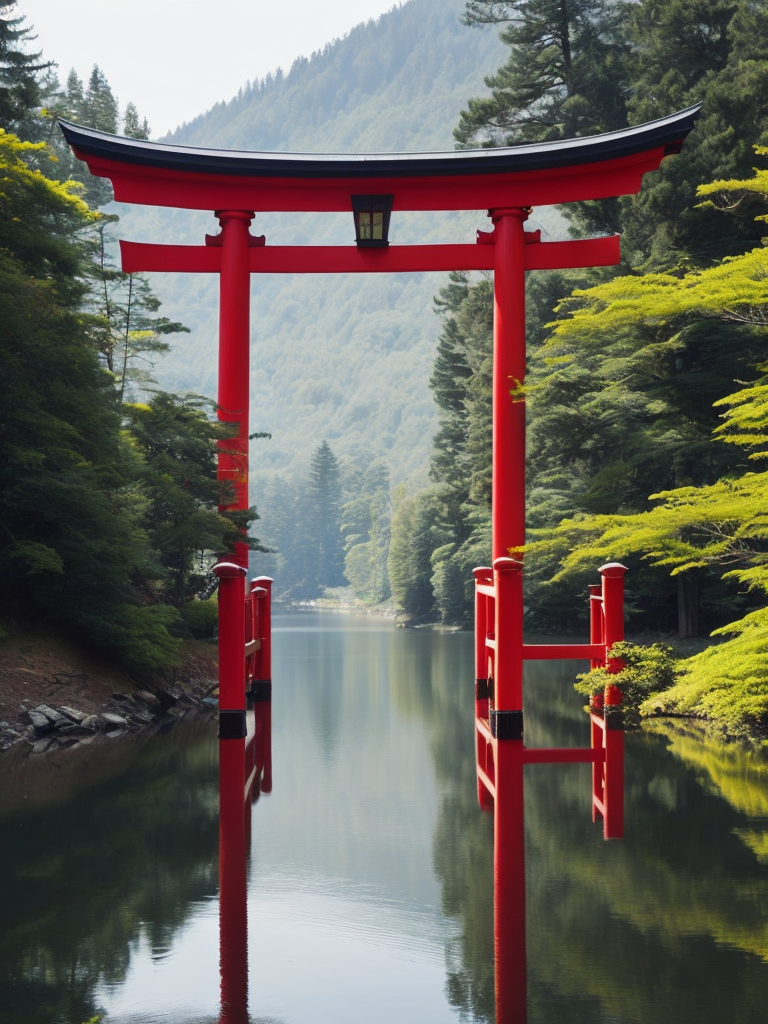 Red torii gate in middle of a lake, Dense forest on the edge of the lake, Bright and saturated colors, Japanese culture, photorealistic, contrast light