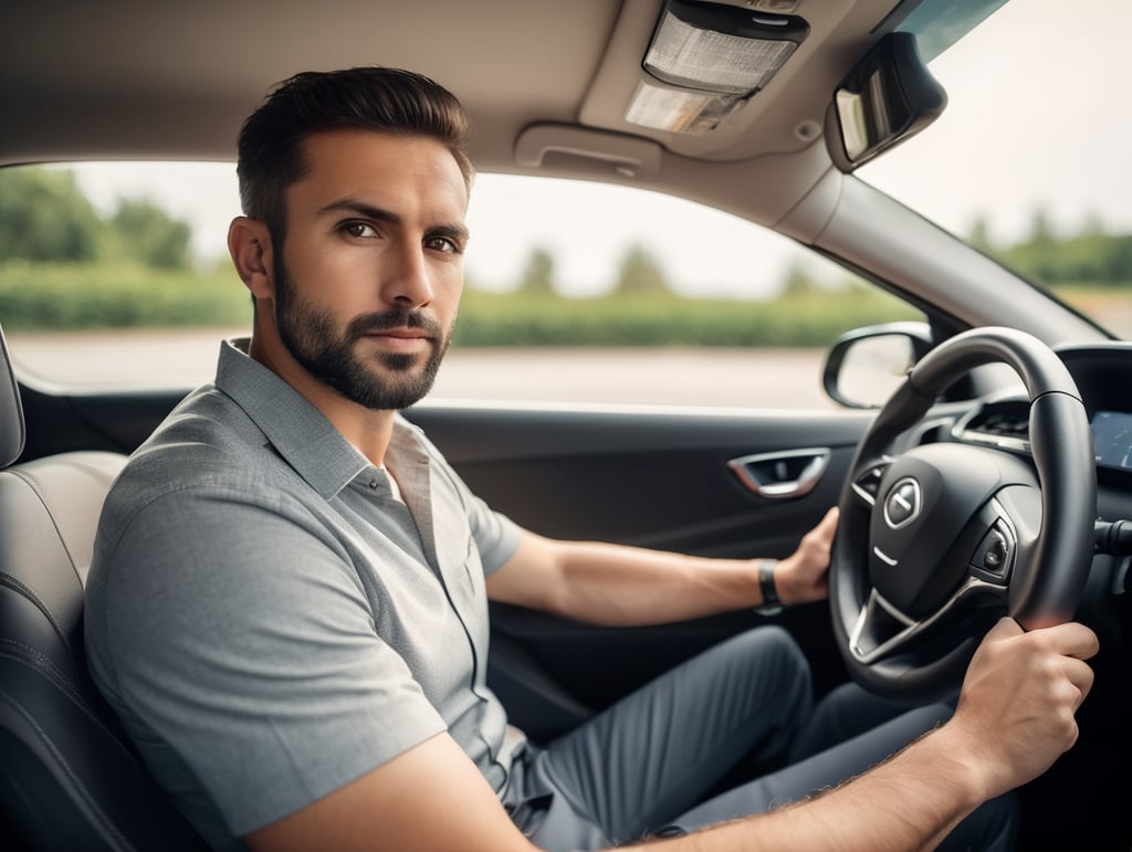 guy driving electric car, hands on wheel, looking straight at camera, room for copy