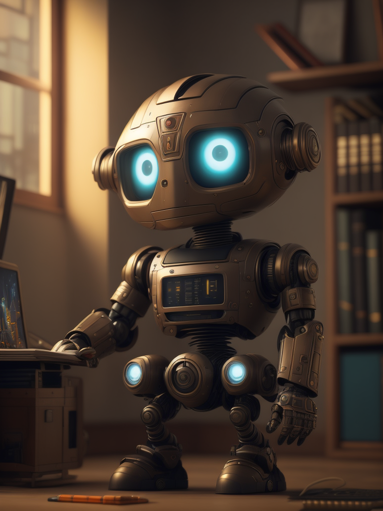Electronic robot and office, unreal engine, cozy interior lighting, artstation, detailed, digital painting, cinematic, character design by Mark Ryden and Pixar, hyperrealistic, holding a graphics tablet