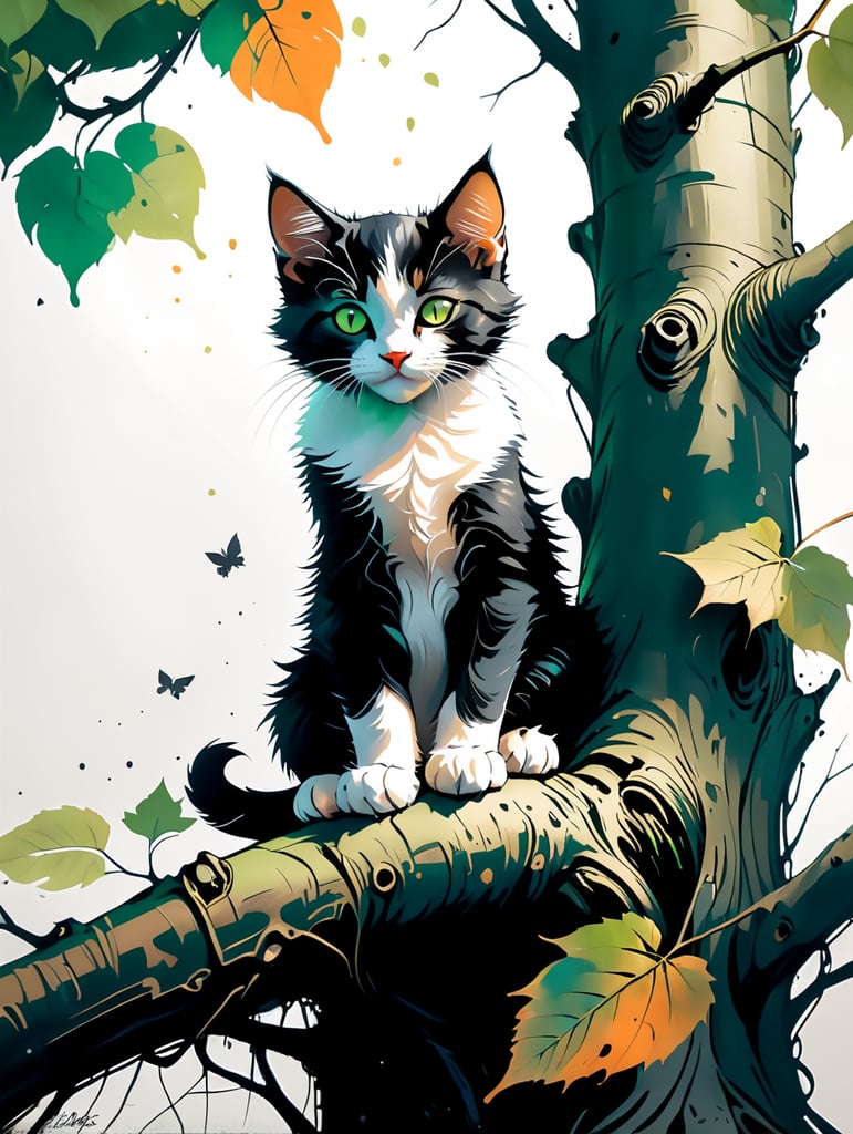 Black and white kitten sitting in a tree with green leaves looking down at the ground