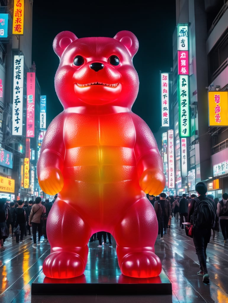 A giant Japanese gummy bear godzilla, translucent, 4 stories tall, walking through Tokyo at night, neon rainy city, cyberpunk, techno city