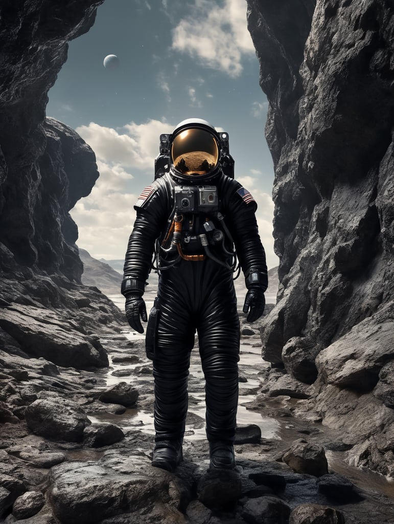 Space traveler in a black rock in middle of the universe. Astronaut suit