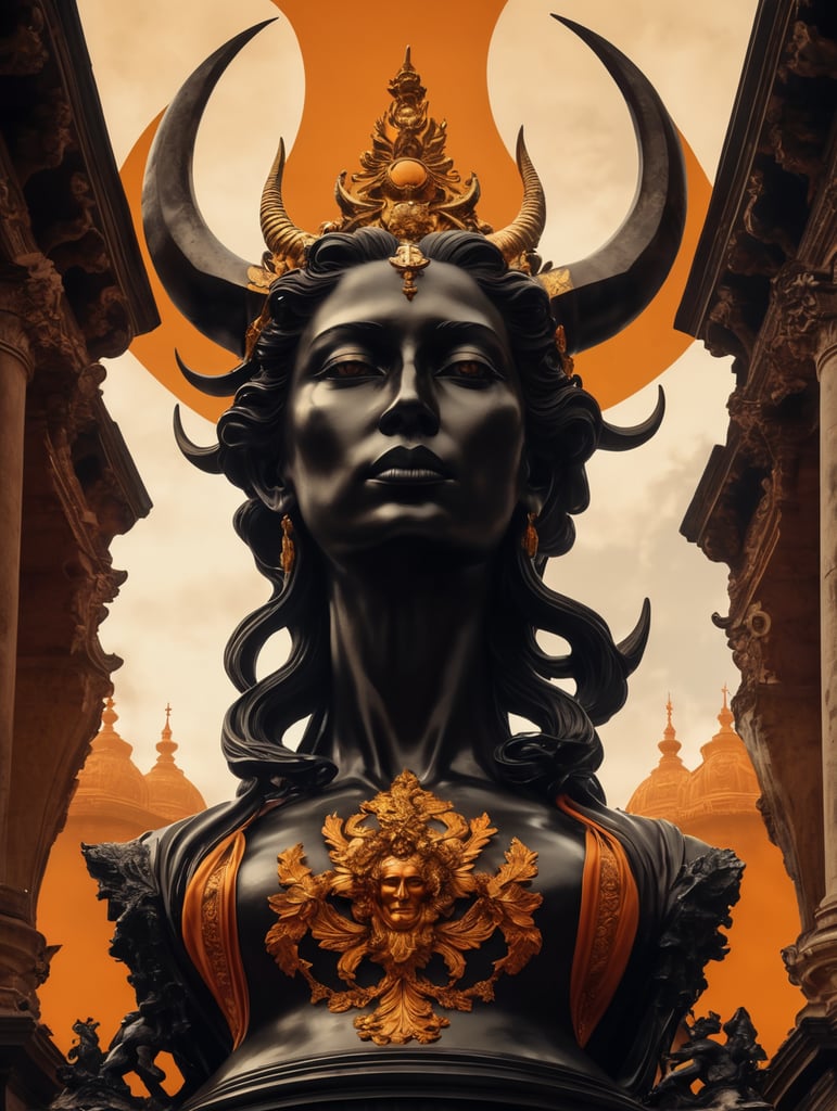 the statue of demon's is on top of it in the background, in the style of experimental filmmaking, dark orange and gold, experimental videos, southern gothic-inspired, baroque nu-vintage, slumped draped, captures the essence of nature