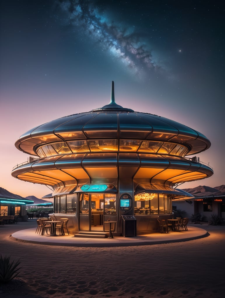 futuristic ufo cafe, desert, an night, neon, glass