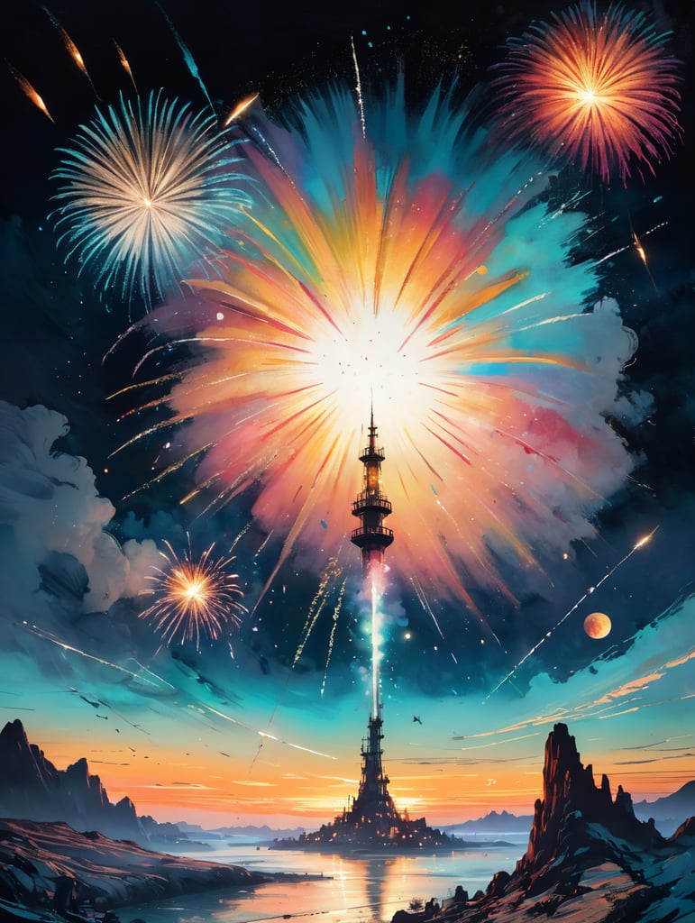 A few Fireworks in sky at night with stars and moon