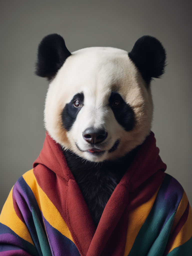 Portrait of a panda dressed in a colorful oversized jacket, Vivid saturated colors, Contrast color, studio photo, professional photo, Rich colors, Detailed image, detailed face
