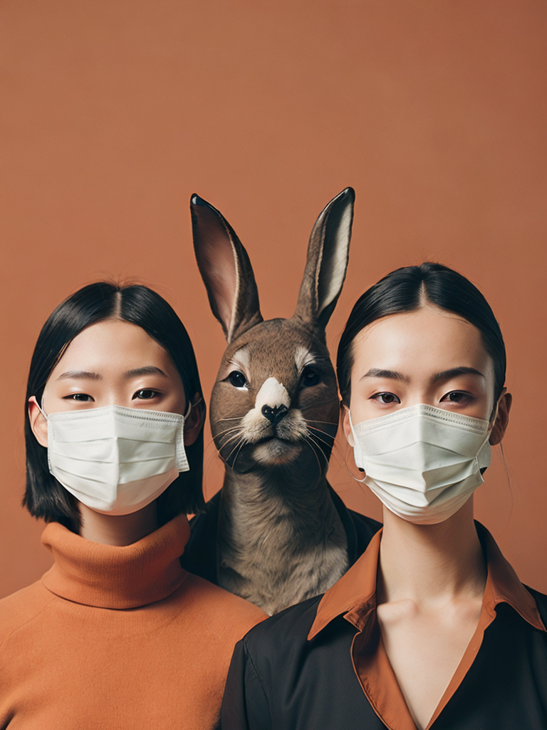 an illustration of people who are standing with two masks on, in the style of ren hang, naive childlike, medicalcore, depiction of animals, alex gross, polychrome terracotta, bunnycore