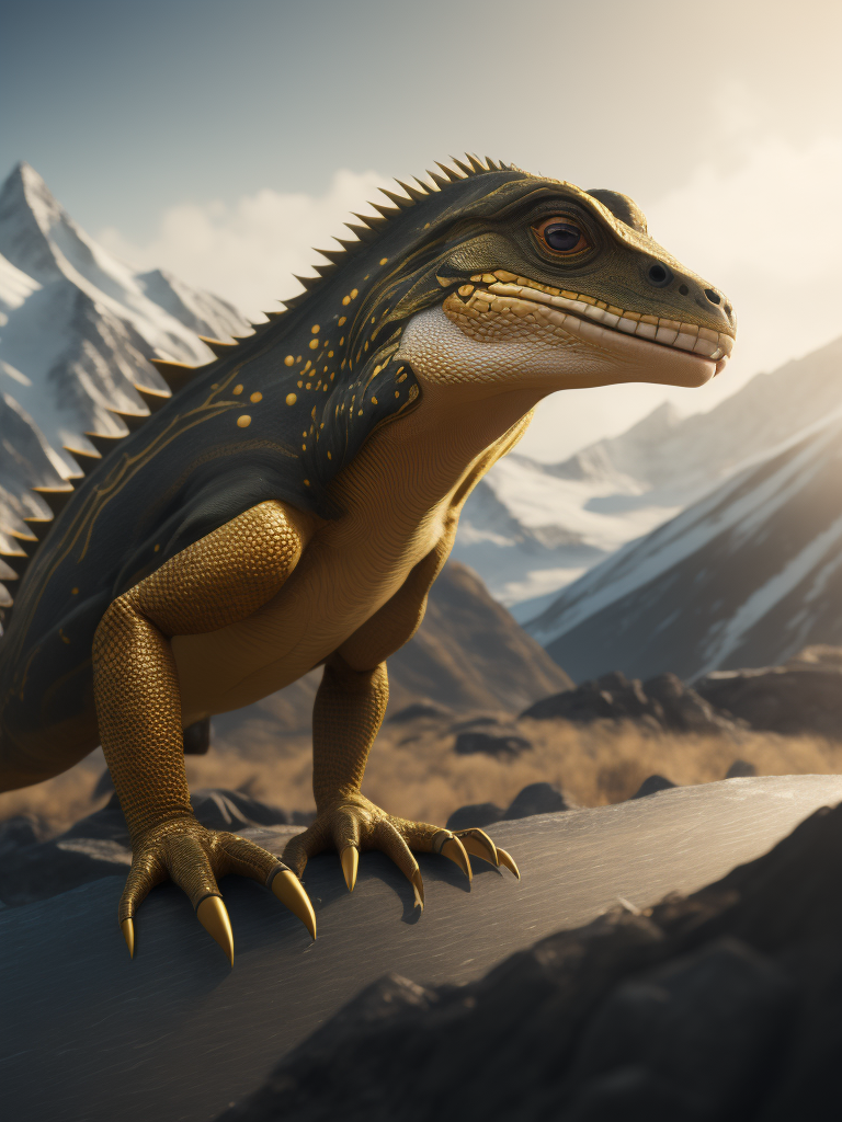 Dramatic Golden lizard snowboarding on top of a mountain. Black snowboard, blizzard in background