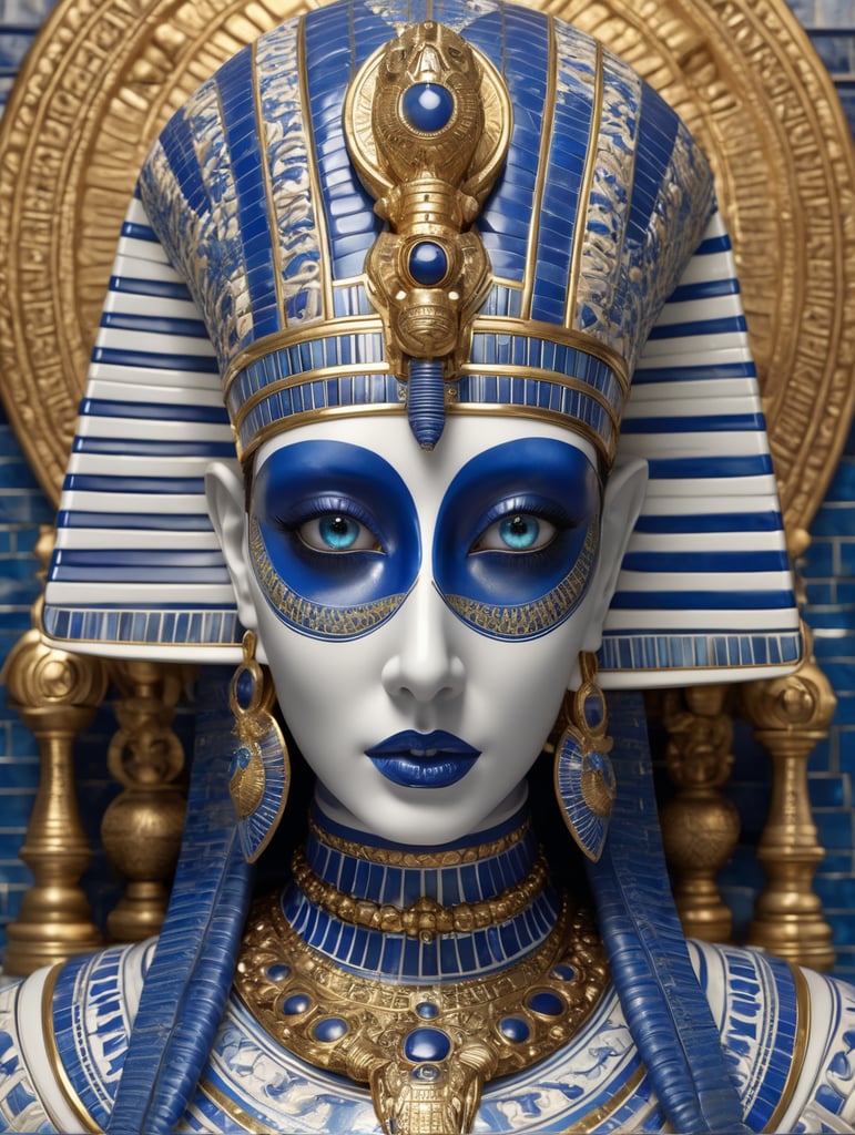 mythology goddess creature with Tutankhamen mask made of azulejo’s white and blue, gothic, gold, Neoclassical, elegant, beauty, antique classical, masterpiece, Canon50, Beautiful Lighting, Sad, highly detailed, detailed facial features, unreal engine, very detailed eyes, symmetrical eyes, mythology