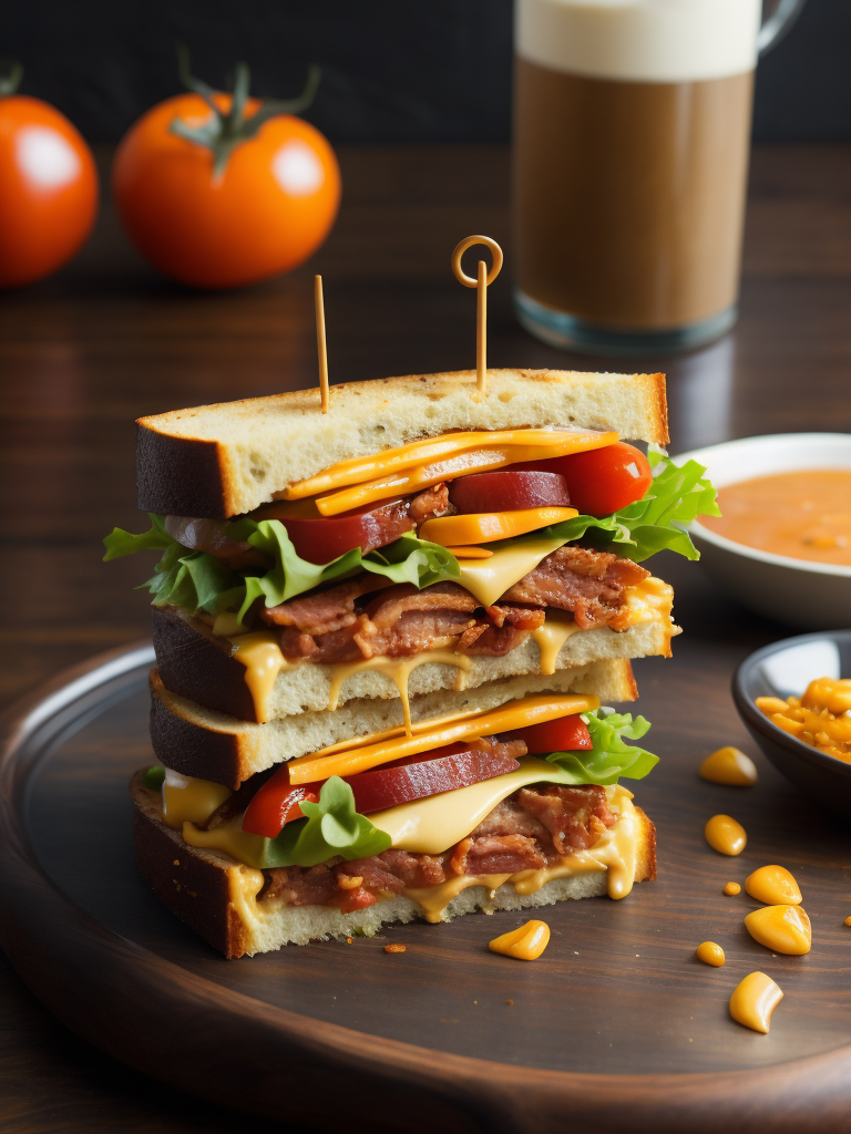 A mouthwatering club sandwich captured in high definition, featuring layers of crispy bacon, juicy luncheon meat slices, fresh lettuce, ripe tomatoes, and melted cheddar cheese, oozing with creamy mayo and mustard, on lightly toasted whole-grain bread, Photography, macro lens f 2.8, --ar 1:1 --v 5.