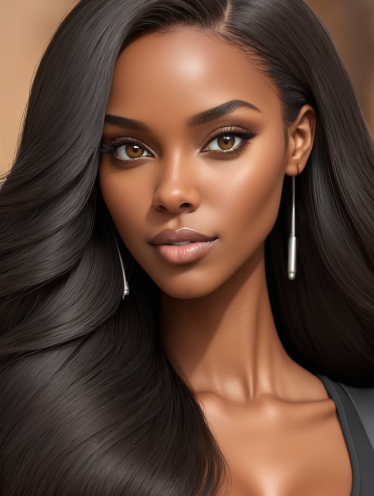 Airbrush, realistic, black beauty, animated, long Brazilian, hair, black, brown skinned, female
