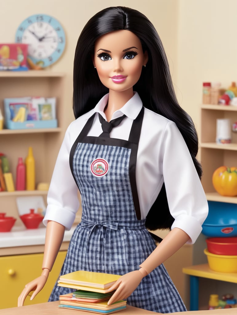 Drawing of an adult Barbie with a primary school teacher's apron, oval face with a thick body, white skin, straight black hair, black eyes