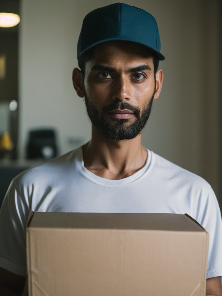 portrait of a delivery Indian man with black beard, wearing a white cap and white t-shirt, holding a box