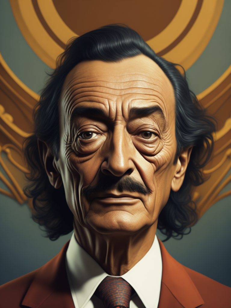 Salvador dali's portrait in vibrant colour using his painting style adding the famous elements in his paintings