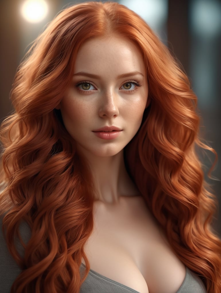 (red-haired girl with very long and thick hair that curls around her body), detailed skin, realistic, photorealistic, 8k, highly detailed, full frame, highly detailed RAW color, diffuse soft lighting, shallow depth of field, sharp focus, hyperrealism, cinematic lighting, bokeh