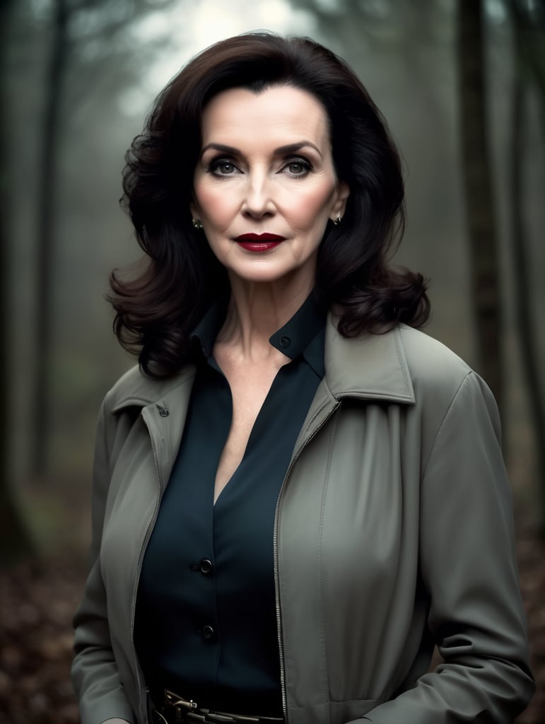 waist-length portrait of Marilyn vos savant, mysterious atmosphere, muted colors, contrasting light, long dark hair, wearing a jacket