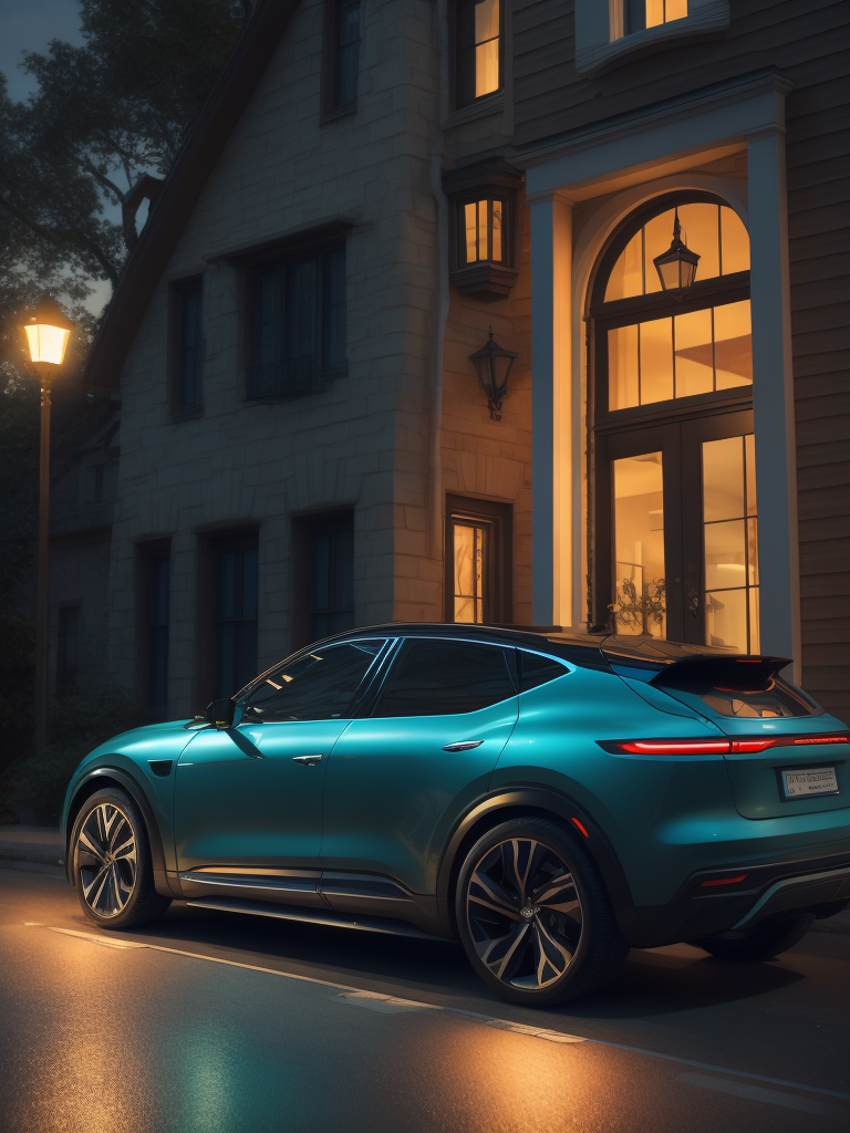 electric vehicle charging at night at house, dramatic lighting