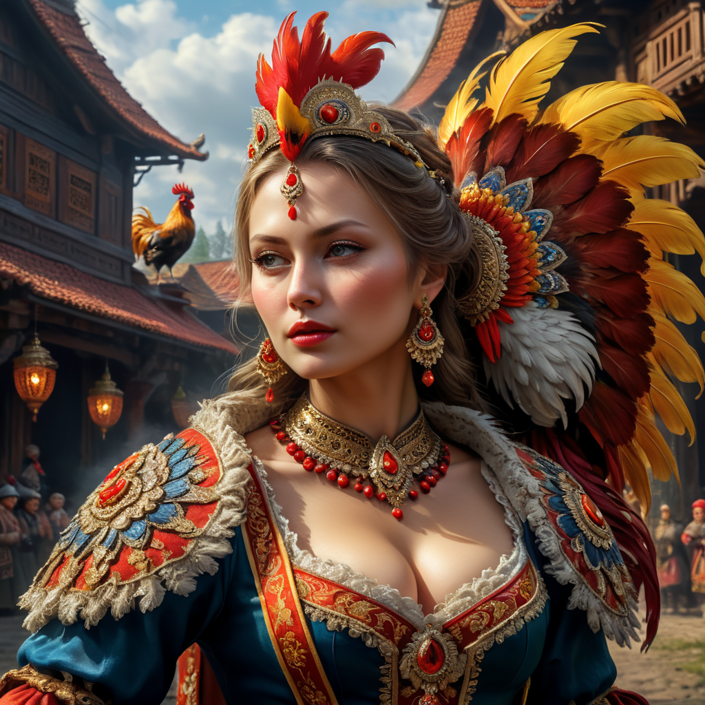 Portrait of a Beautiful women from Russian fairytale wearing traditional costume wearing a Rooster cosplay.