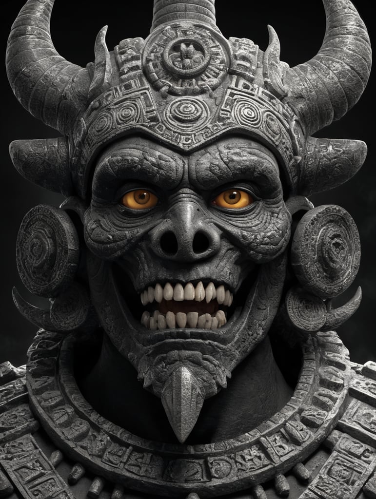 Mictlantecuhtli, the ancient Aztec god of the underworld, depicted predominantly in black and white with subtle shades of gray, Mictlantecuhtli's face represents intense rage, furrowed brows, and eyes blazing with anger. His features are sharp and clear, with deep-set eye sockets. Elongated bone structures form his skeletal appearance, emphasizing the otherworldly nature of his being. jagged teeth, stained and yellowed, protrude menacingly from the mouth, Against the backdrop of the Aztec underworld known as Mictlan.