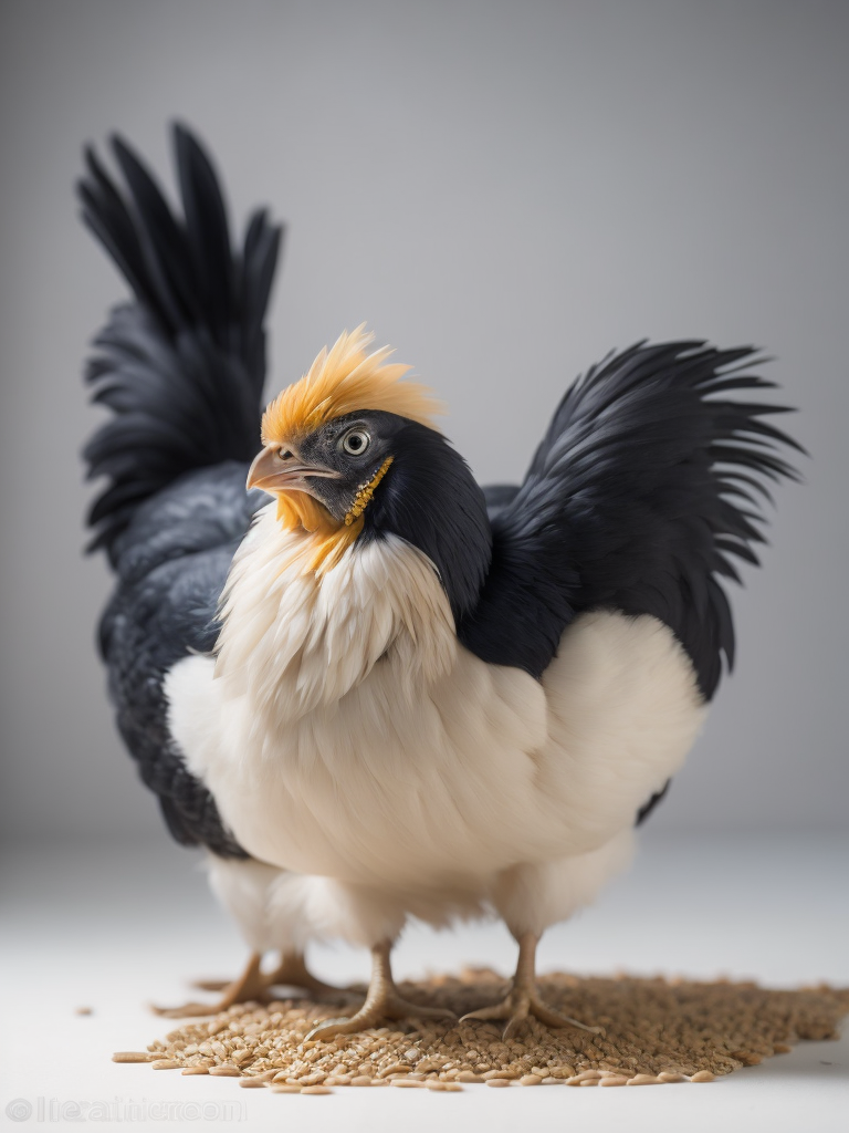 silkie bantam ( chicken) feeding on small amount grain. white background