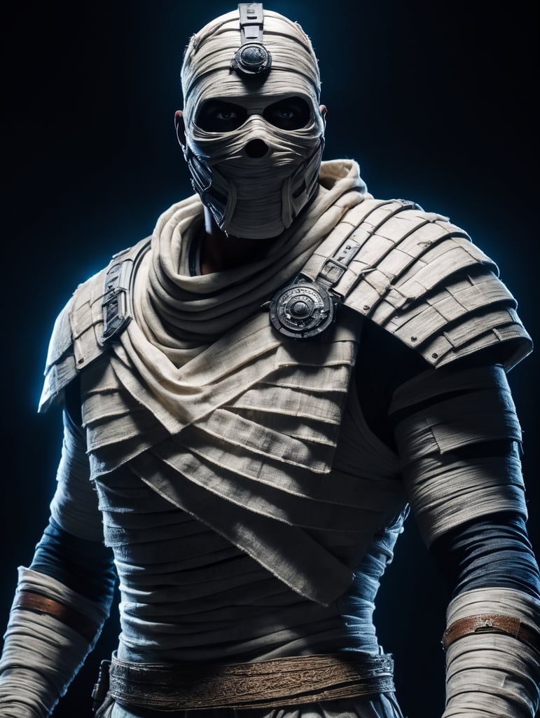 A photograph of mummy costume covered in bandages for a male character with fortnite style, halloween costume, white background, full body