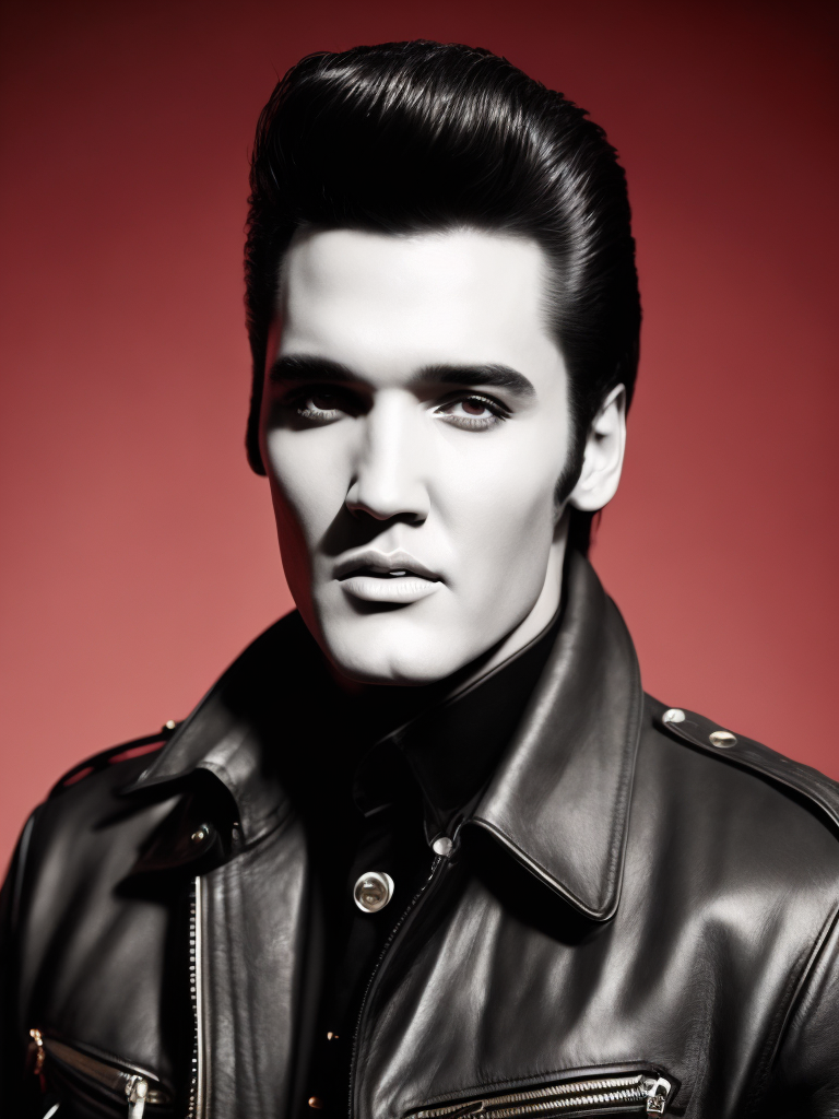 Portrait of Elvis Presley wearing a black leather jacket, studio photo, professional photo, Bright and rich colors, Detailed image, detailed face