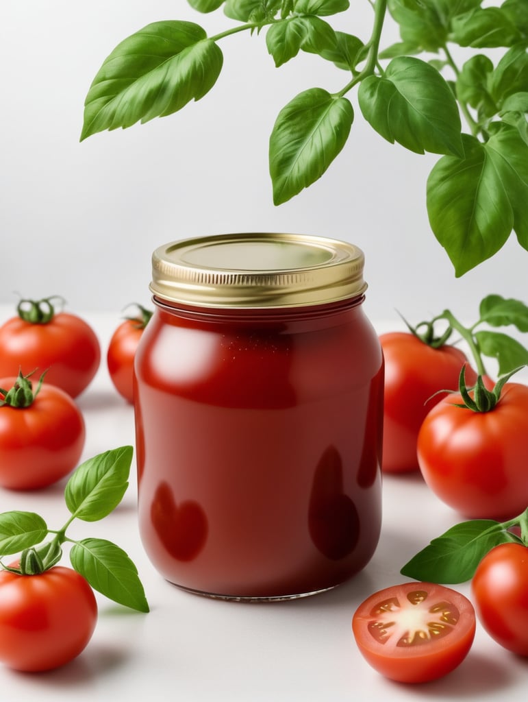 tomato ketchup jar, red tomato with green leaves, isolated, white background, mockup